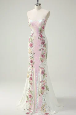 Sparkly branco floral sem alças sereia longo vestido de baile