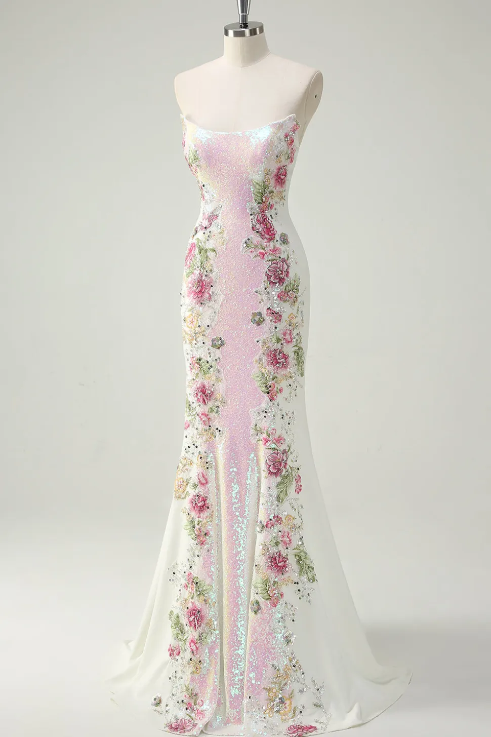 Sparkly branco floral sem alças sereia longo vestido de baile