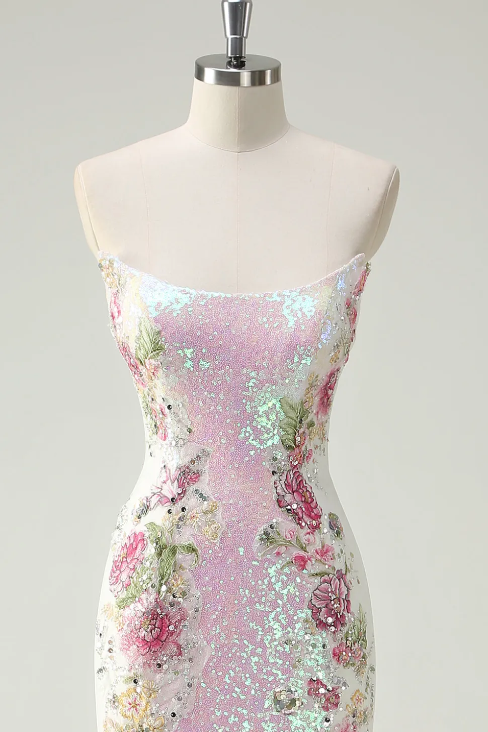 Sparkly branco floral sem alças sereia longo vestido de baile