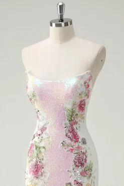 Sparkly branco floral sem alças sereia longo vestido de baile