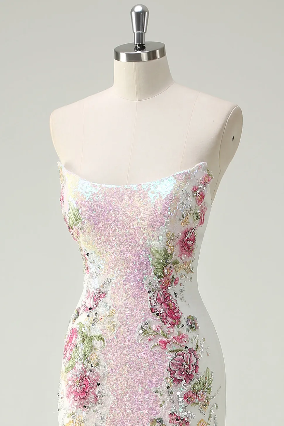 Sparkly branco floral sem alças sereia longo vestido de baile