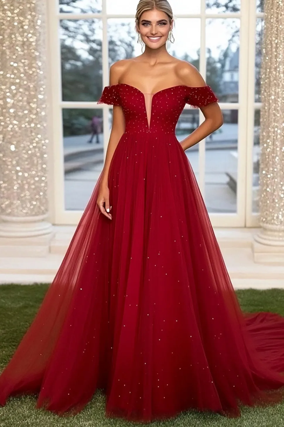 Sparkly Burgundy Ball Gown fora do ombro tule longo vestido de baile com frisos