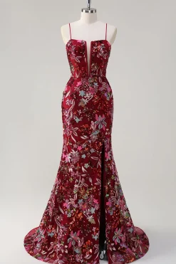 Sparkly Burgundy Sereia Long Sequin Vestido Floral Prom Vestido com Fenda