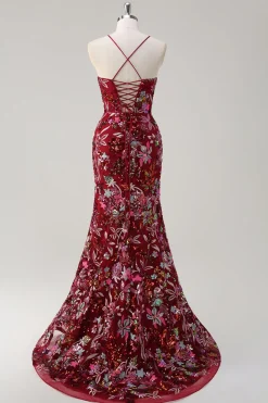 Sparkly Burgundy Sereia Long Sequin Vestido Floral Prom Vestido com Fenda