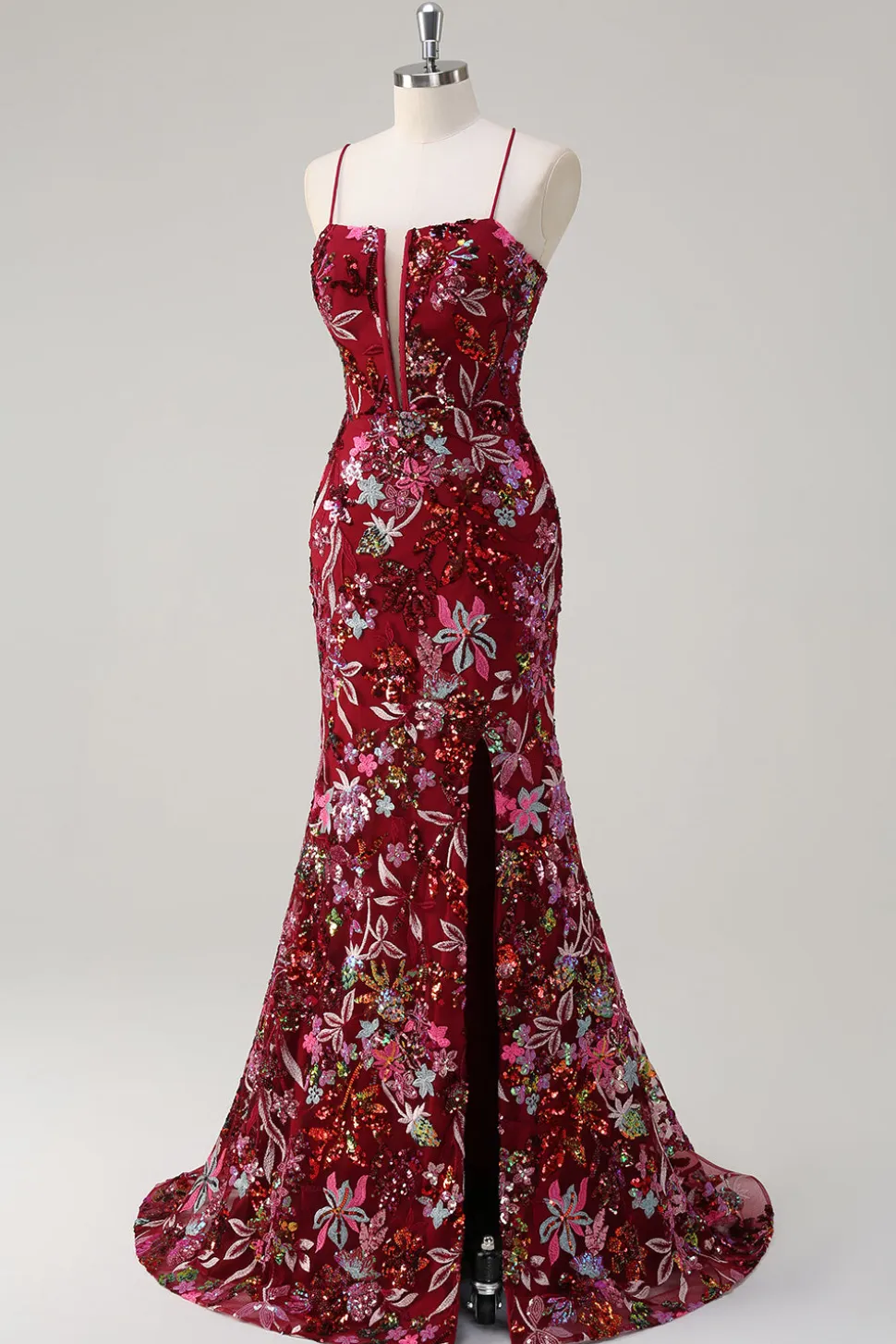 Sparkly Burgundy Sereia Long Sequin Vestido Floral Prom Vestido com Fenda