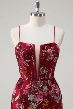 Sparkly Burgundy Sereia Long Sequin Vestido Floral Prom Vestido com Fenda