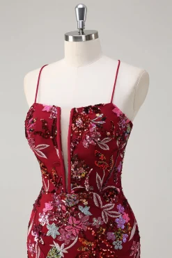 Sparkly Burgundy Sereia Long Sequin Vestido Floral Prom Vestido com Fenda