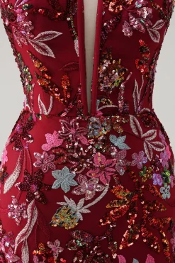 Sparkly Burgundy Sereia Long Sequin Vestido Floral Prom Vestido com Fenda