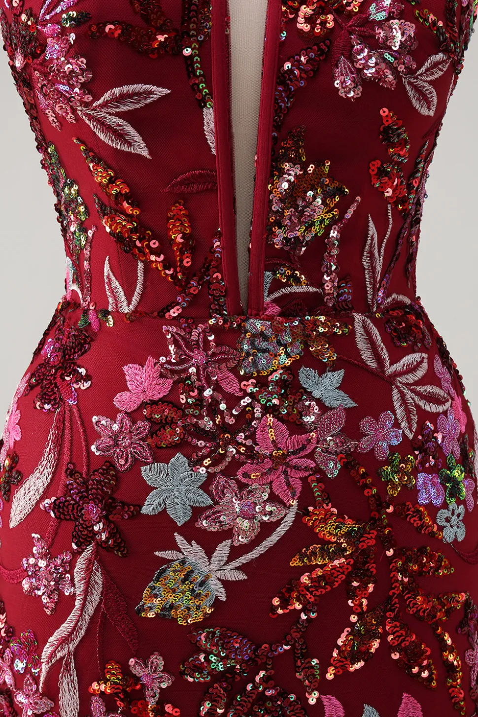 Sparkly Burgundy Sereia Long Sequin Vestido Floral Prom Vestido com Fenda
