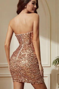 Sparkly Champagne Espartilho sem alças Sequined Mini Vestido de Festa