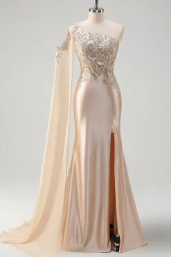 Sparkly Champagne Sereia Um Ombro Lantejoulas Long Prom Dress com Fenda