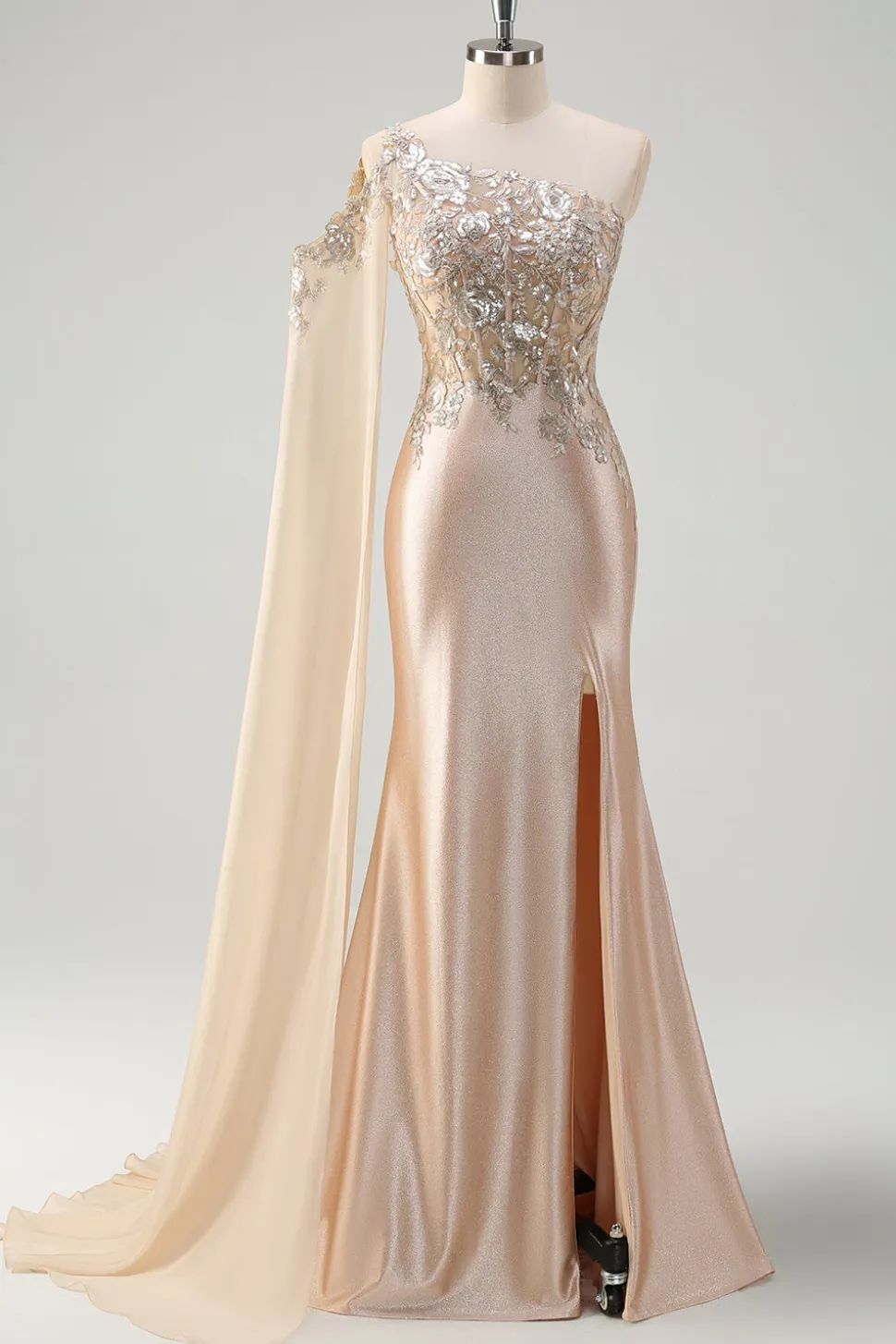 Sparkly Champagne Sereia Um Ombro Lantejoulas Long Prom Dress com Fenda