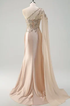 Sparkly Champagne Sereia Um Ombro Lantejoulas Long Prom Dress com Fenda