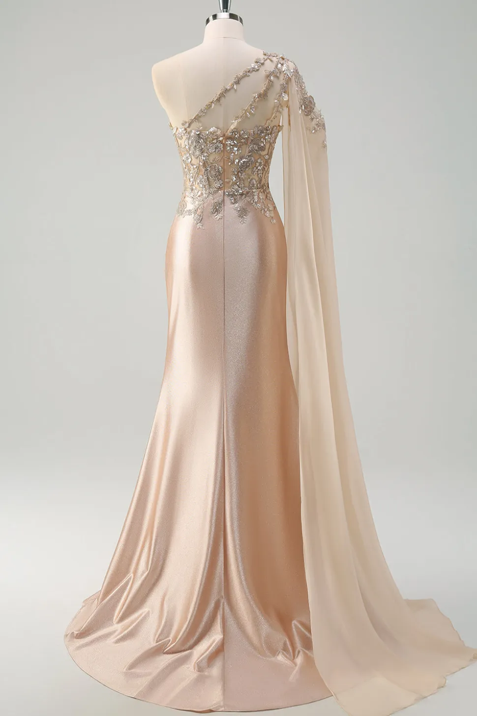 Sparkly Champagne Sereia Um Ombro Lantejoulas Long Prom Dress com Fenda