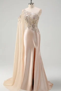 Sparkly Champagne Sereia Um Ombro Lantejoulas Long Prom Dress com Fenda