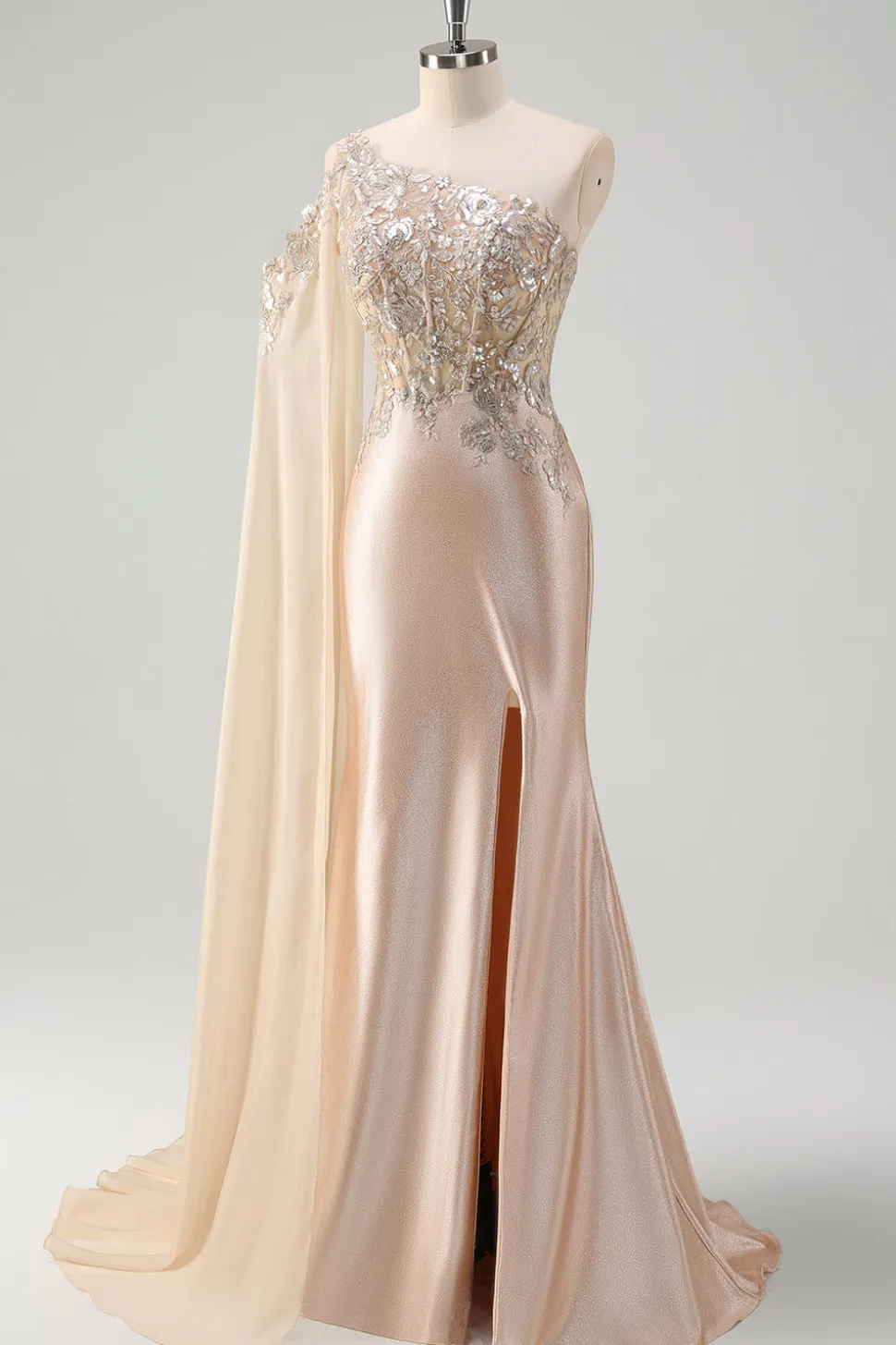 Sparkly Champagne Sereia Um Ombro Lantejoulas Long Prom Dress com Fenda