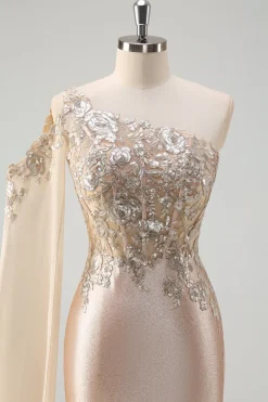 Sparkly Champagne Sereia Um Ombro Lantejoulas Long Prom Dress com Fenda