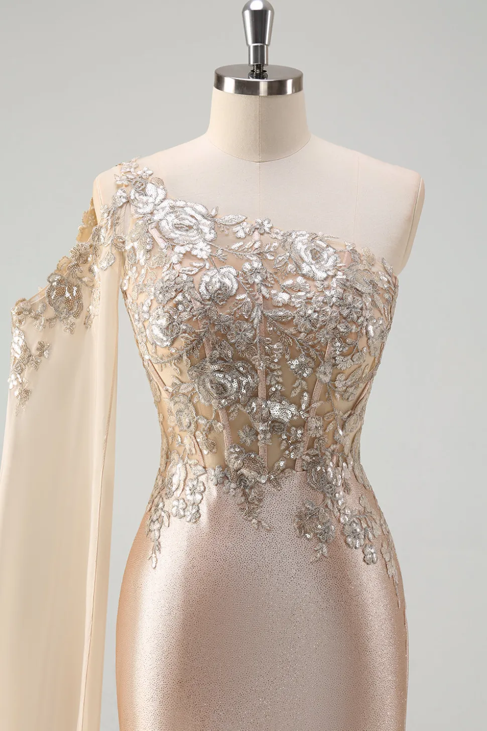 Sparkly Champagne Sereia Um Ombro Lantejoulas Long Prom Dress com Fenda