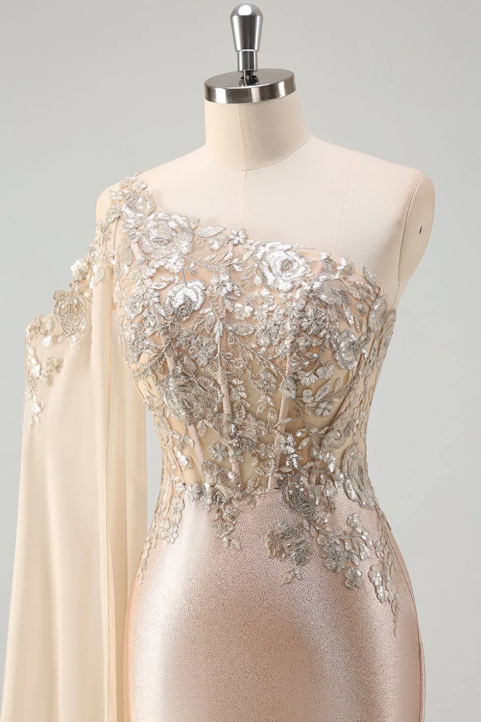 Sparkly Champagne Sereia Um Ombro Lantejoulas Long Prom Dress com Fenda