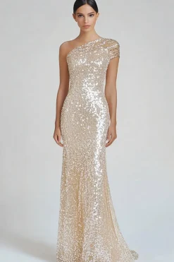 Sparkly Champagne Sereia Um Ombro Vestido Formal com Sequins