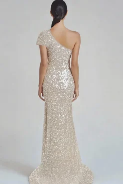 Sparkly Champagne Sereia Um Ombro Vestido Formal com Sequins