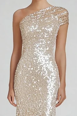Sparkly Champagne Sereia Um Ombro Vestido Formal com Sequins