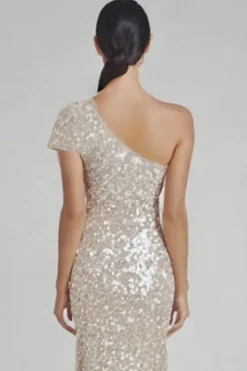 Sparkly Champagne Sereia Um Ombro Vestido Formal com Sequins