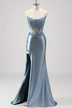 Sparkly cinza azul sereia frisado strapless metalizado vestido de baile com fenda