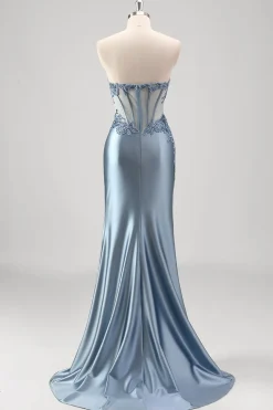 Sparkly cinza azul sereia frisado strapless metalizado vestido de baile com fenda
