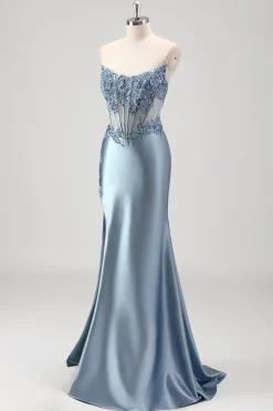 Sparkly cinza azul sereia frisado strapless metalizado vestido de baile com fenda