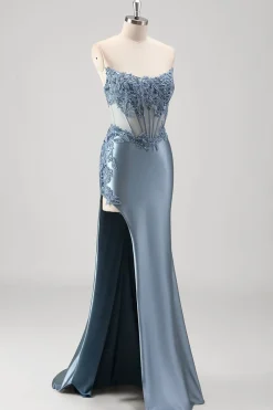 Sparkly cinza azul sereia frisado strapless metalizado vestido de baile com fenda
