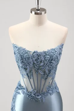 Sparkly cinza azul sereia frisado strapless metalizado vestido de baile com fenda