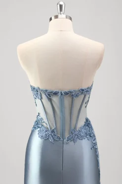 Sparkly cinza azul sereia frisado strapless metalizado vestido de baile com fenda