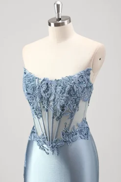 Sparkly cinza azul sereia frisado strapless metalizado vestido de baile com fenda