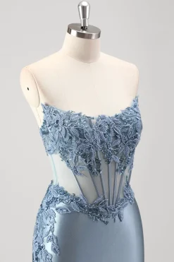 Sparkly cinza azul sereia frisado strapless metalizado vestido de baile com fenda