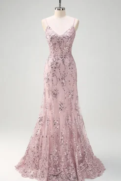 Sparkly cinza rosa sereia V-neck Sequined Prom Dress com renda para trás