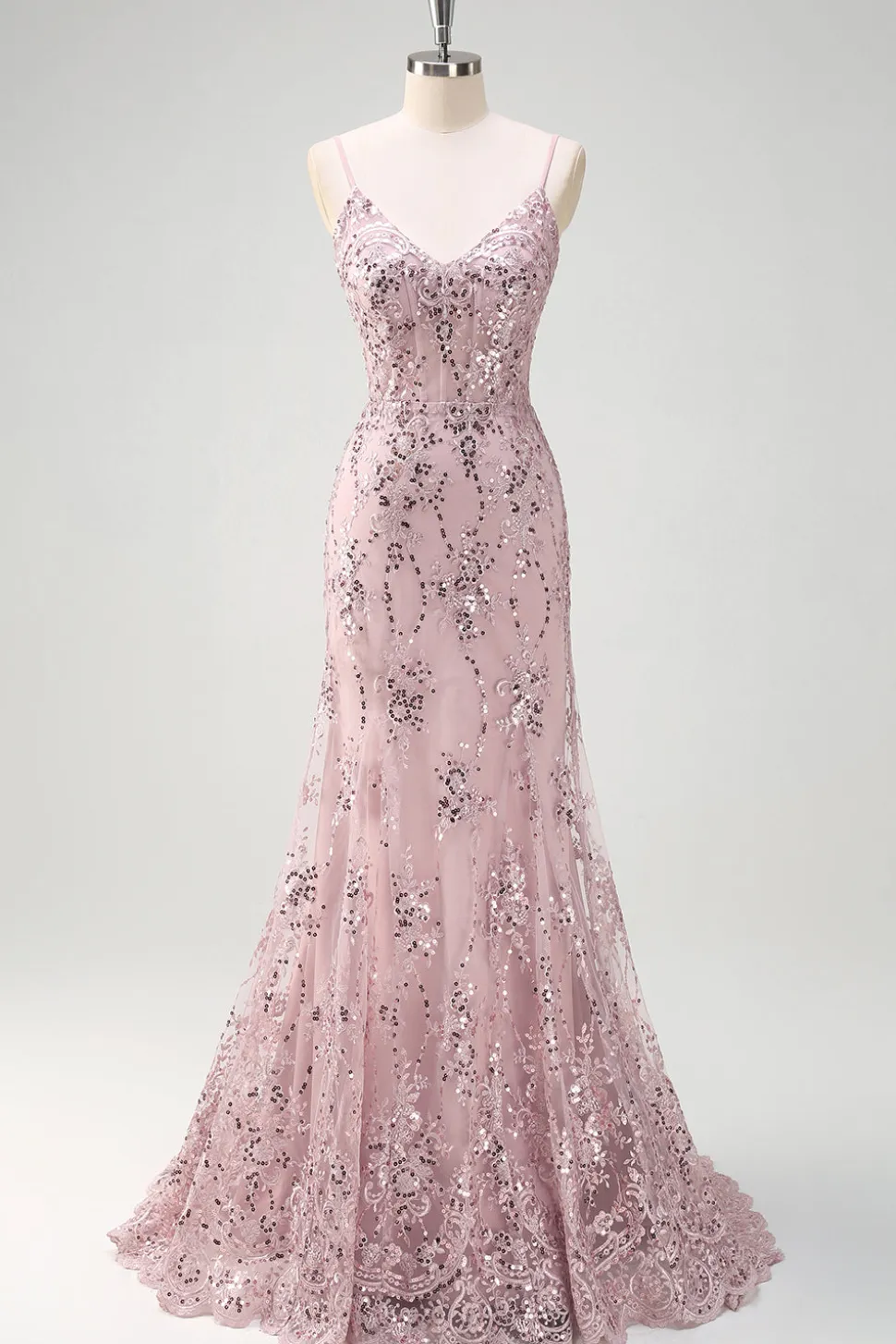 Sparkly cinza rosa sereia V-neck Sequined Prom Dress com renda para trás