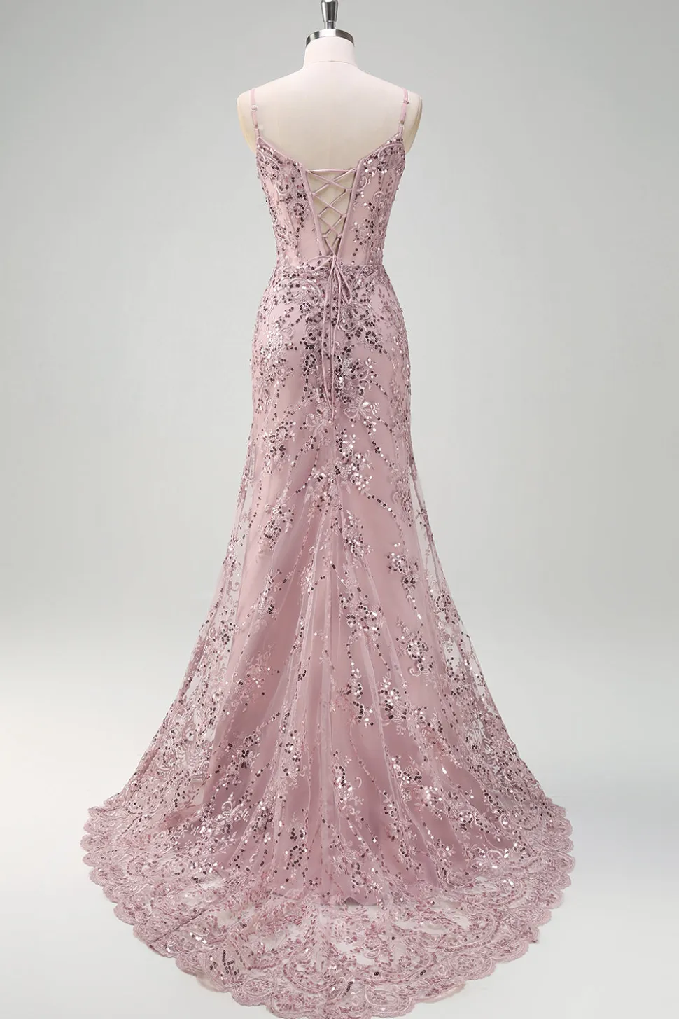 Sparkly cinza rosa sereia V-neck Sequined Prom Dress com renda para trás