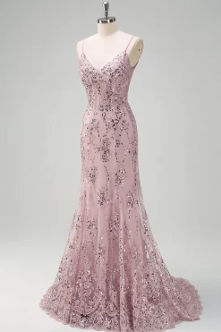 Sparkly cinza rosa sereia V-neck Sequined Prom Dress com renda para trás