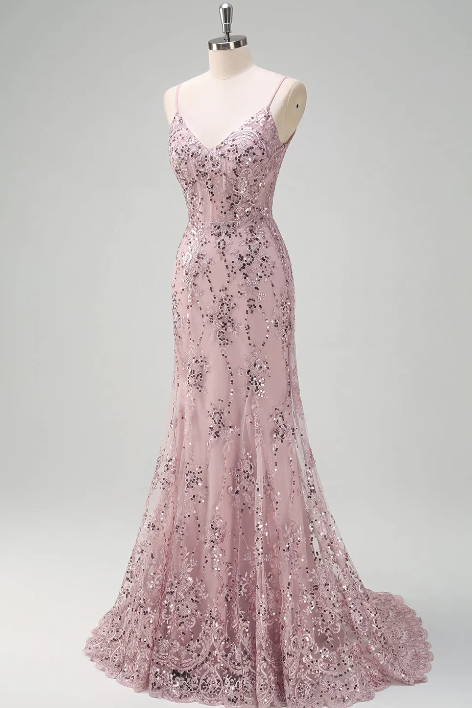 Sparkly cinza rosa sereia V-neck Sequined Prom Dress com renda para trás