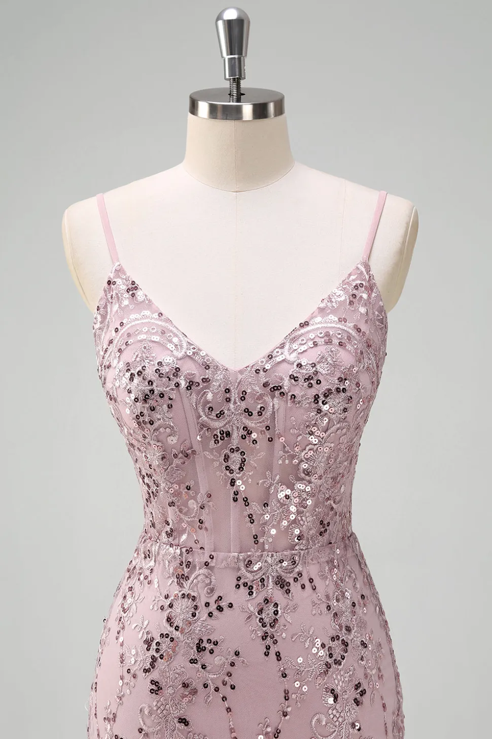 Sparkly cinza rosa sereia V-neck Sequined Prom Dress com renda para trás