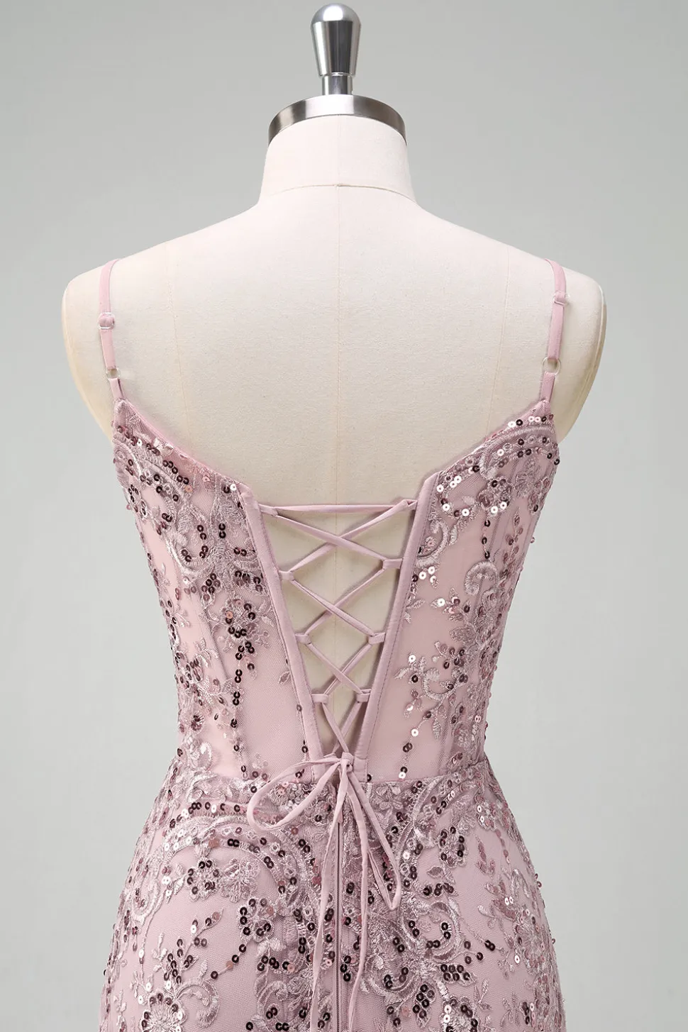 Sparkly cinza rosa sereia V-neck Sequined Prom Dress com renda para trás