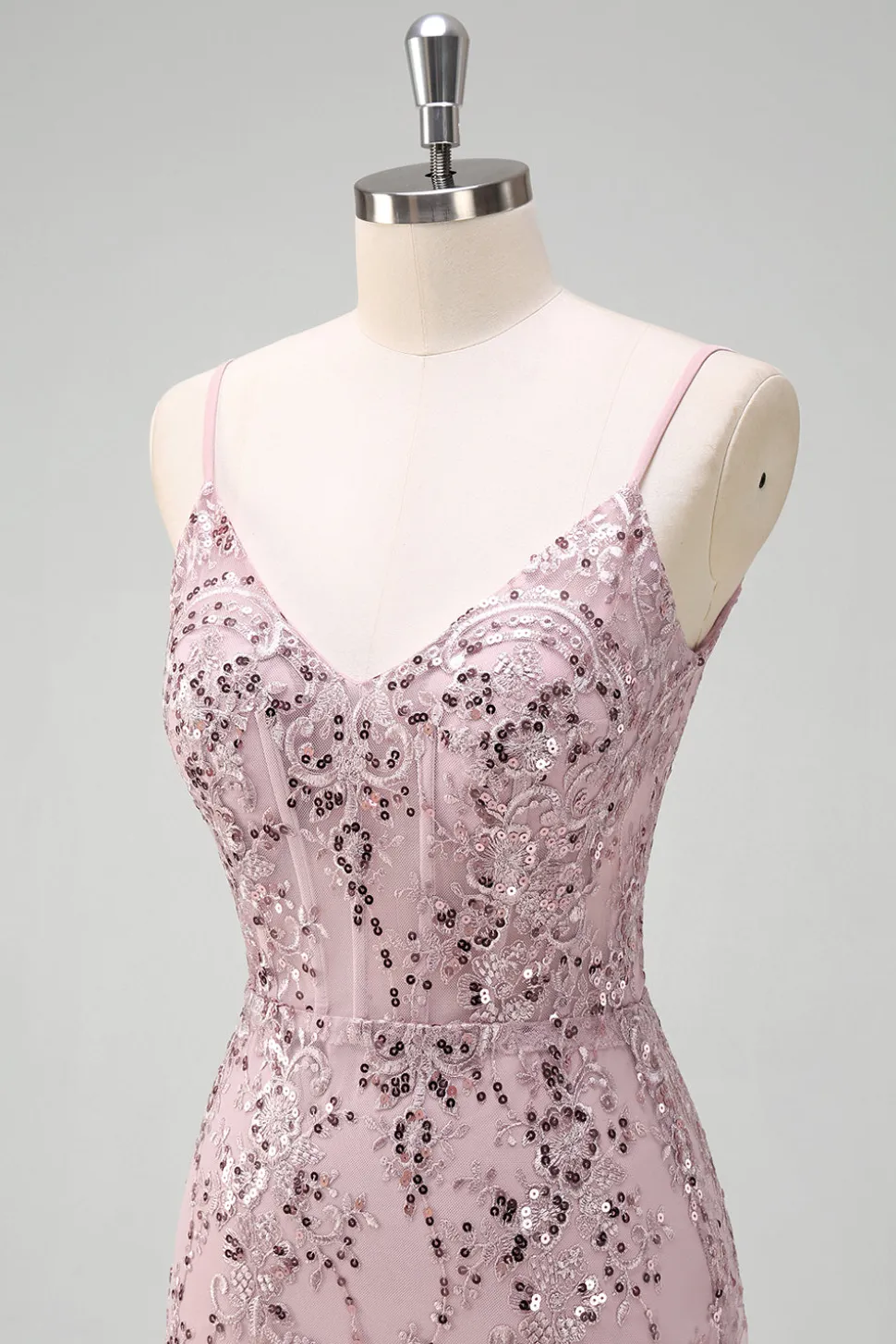 Sparkly cinza rosa sereia V-neck Sequined Prom Dress com renda para trás