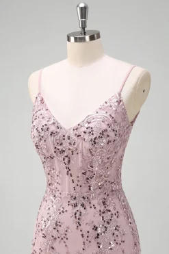 Sparkly cinza rosa sereia V-neck Sequined Prom Dress com renda para trás