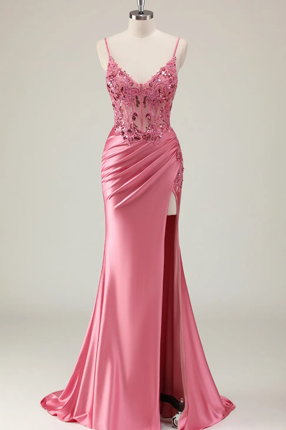 Sparkly Coral Sereia Sequins Esparguete Correias Espartilho Longo Vestido de Baile com Fenda