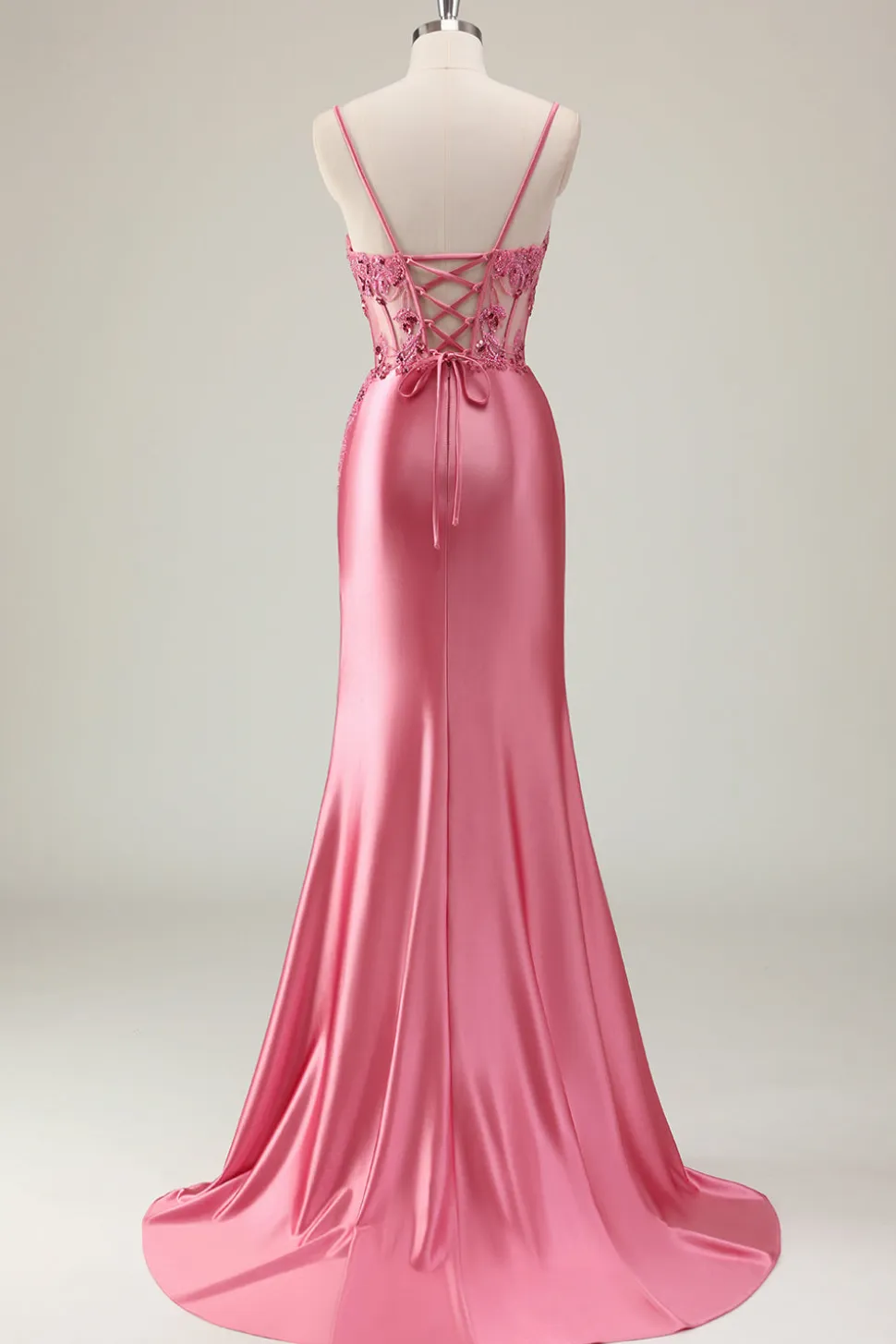 Sparkly Coral Sereia Sequins Esparguete Correias Espartilho Longo Vestido de Baile com Fenda