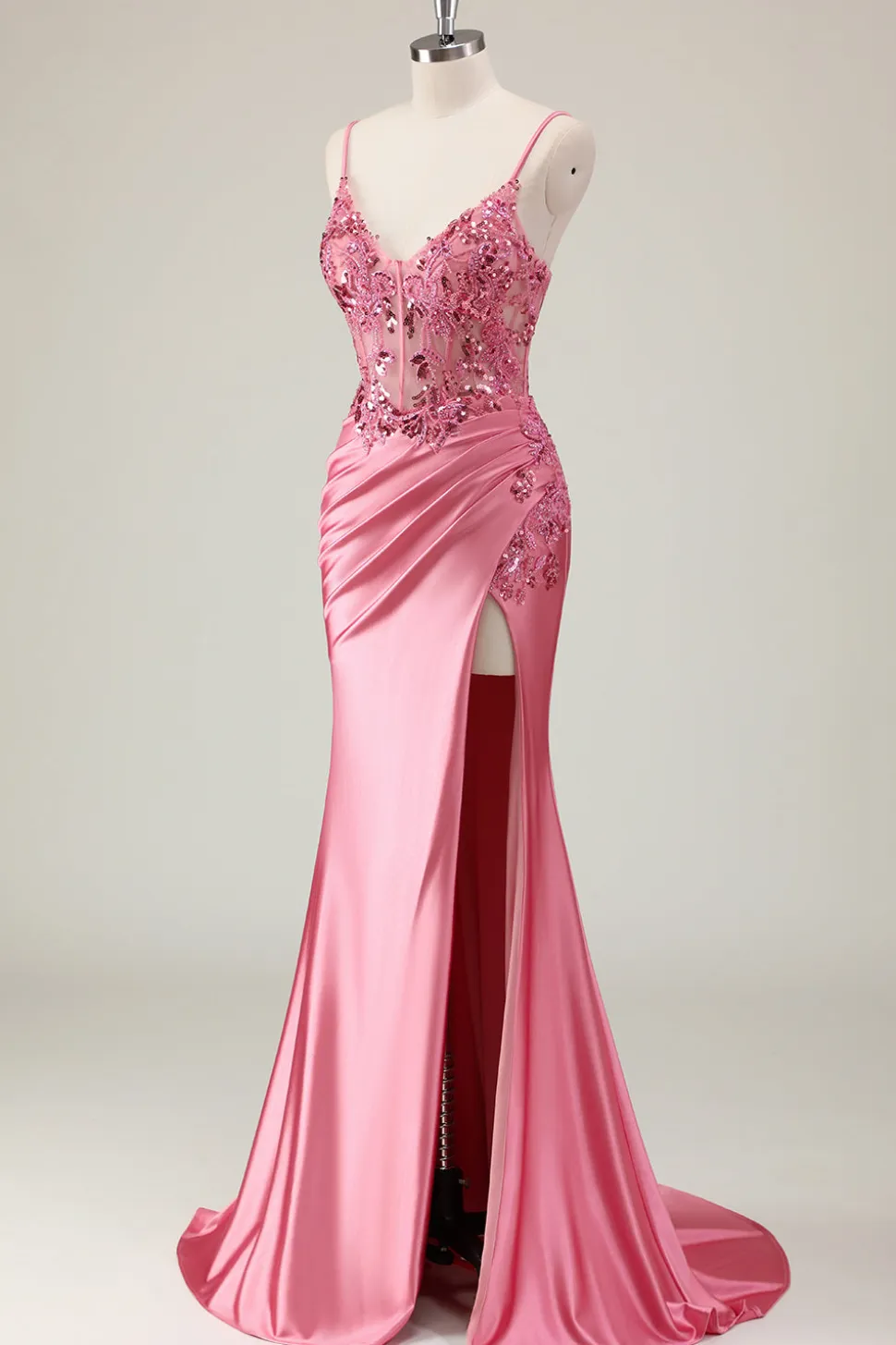 Sparkly Coral Sereia Sequins Esparguete Correias Espartilho Longo Vestido de Baile com Fenda