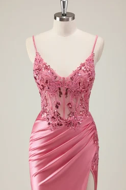 Sparkly Coral Sereia Sequins Esparguete Correias Espartilho Longo Vestido de Baile com Fenda