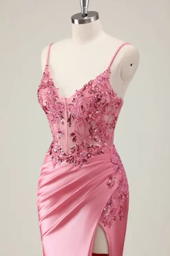 Sparkly Coral Sereia Sequins Esparguete Correias Espartilho Longo Vestido de Baile com Fenda