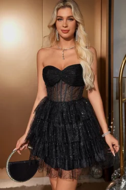 Sparkly Cute A Line Black Sweetheart Tiered Corset Homecoming Dress